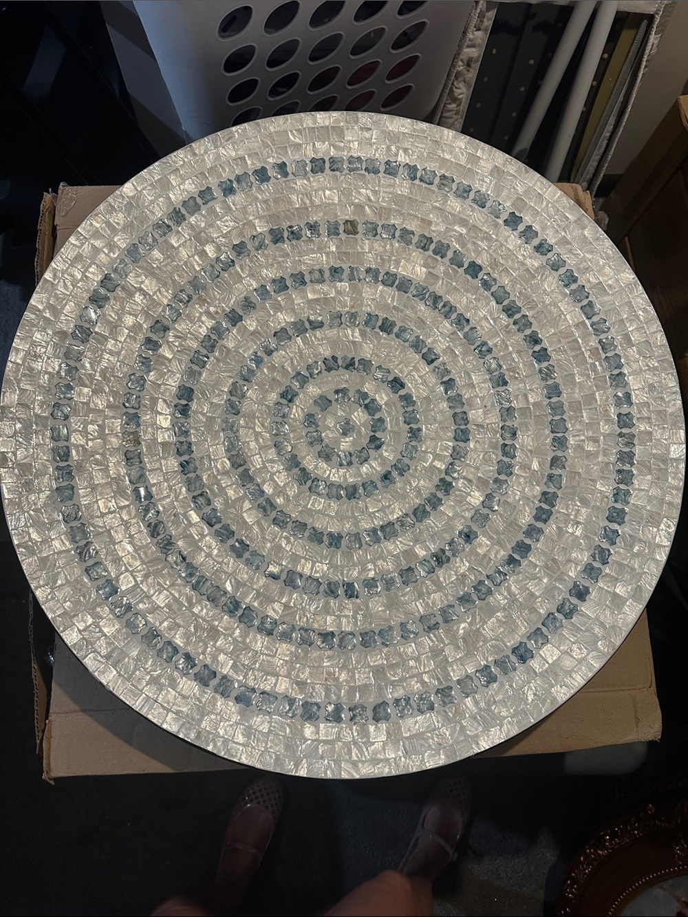 Round Mosaic Accent Tray in White and Light Blue